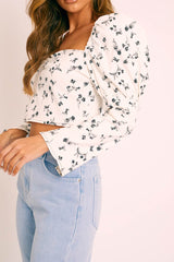 White Black Floral Puff Sleeve Zip Back Crop Top - Carie-Crop Tops