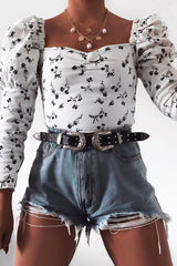 White Black Floral Puff Sleeve Zip Back Crop Top - Carie-Crop Tops