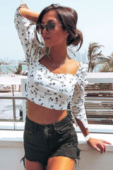 White Black Floral Puff Sleeve Zip Back Crop Top - Carie-Crop Tops