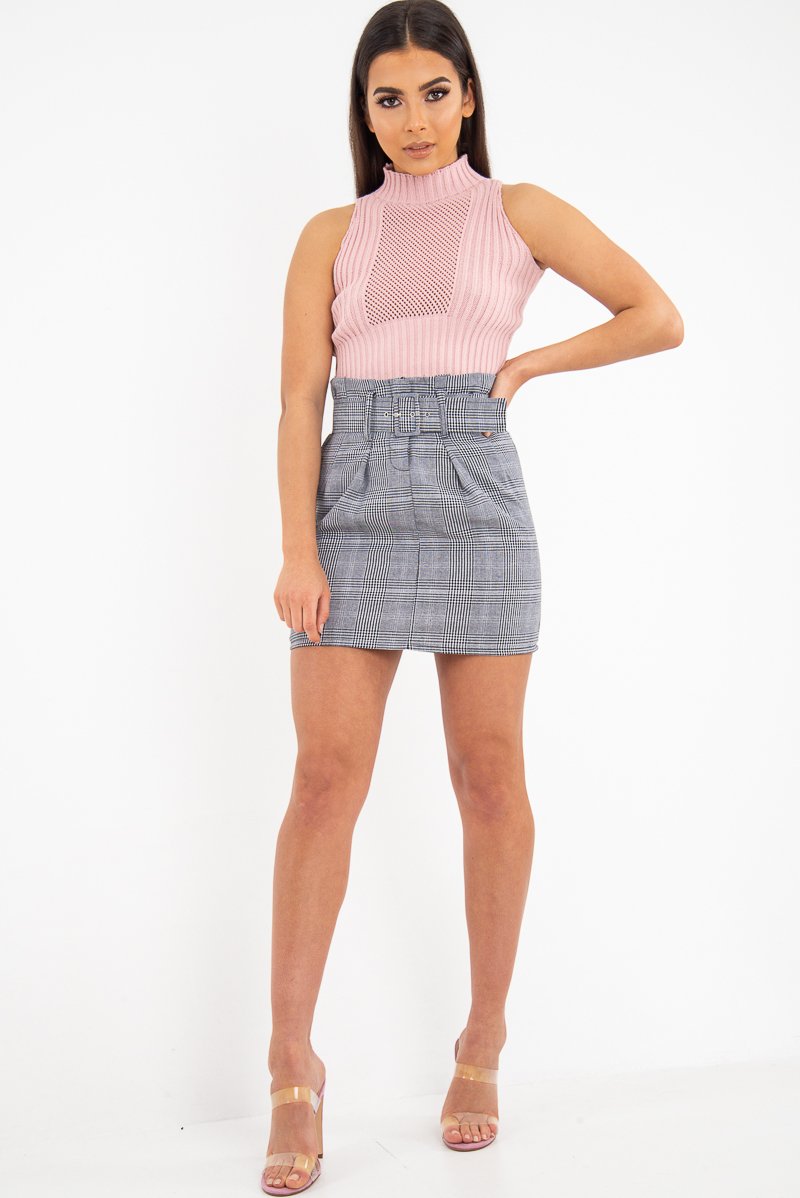 White Black Houndstooth Belted Pleated Mini Skirt - Danyka-Skirts