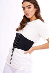 White & Black Lace Up Ribbed T-Shirt - Claudie-Tops
