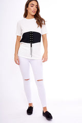 White & Black Lace Up Ribbed T-Shirt - Claudie-Tops