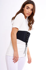 White & Black Lace Up Ribbed T-Shirt - Claudie-Tops
