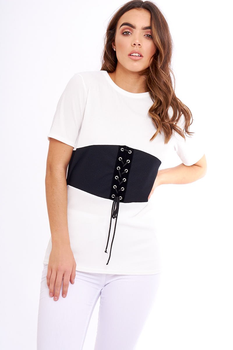 White & Black Lace Up Ribbed T-Shirt - Claudie-Tops