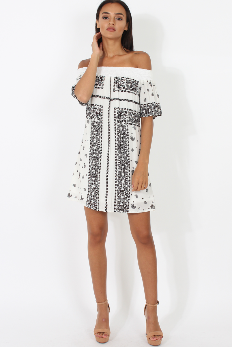 White & Black Paisley Print Bardot Dress - Penny-Dresses
