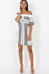 White & Black Paisley Print Bardot Dress - Penny-Dresses