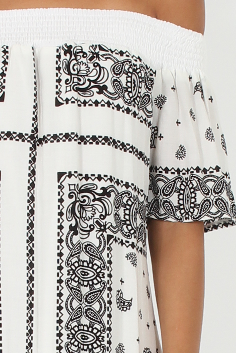 White & Black Paisley Print Bardot Dress - Penny-Dresses