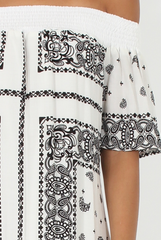 White & Black Paisley Print Bardot Dress - Penny-Dresses