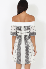 White & Black Paisley Print Bardot Dress - Penny-Dresses