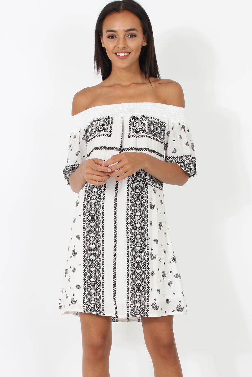 White & Black Paisley Print Bardot Dress - Penny-Dresses
