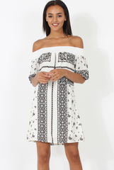 White & Black Paisley Print Bardot Dress - Penny-Dresses