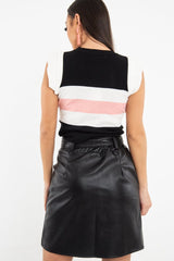 White Black Pink Stripe Ruffle Rib Knit Top - Elyne-Tops