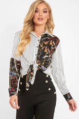White Black Pinstripe Chain Print Insert Shirt - Georgena-Shirts