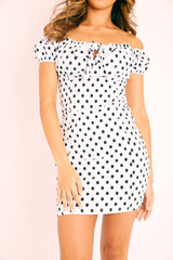 White Black Polka Bardot Milkmaid Dress - Roya-Dresses