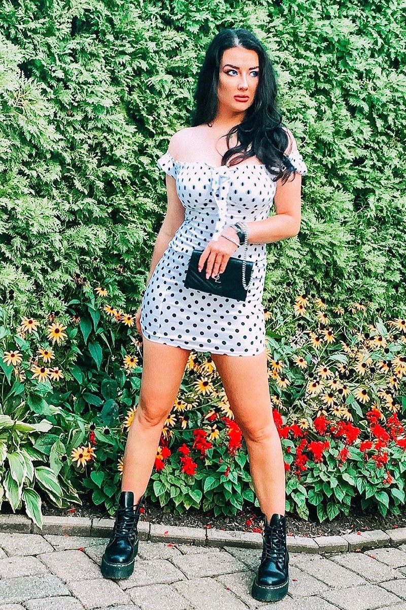 White Black Polka Bardot Milkmaid Dress - Roya-Dresses