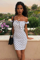 White Black Polka Bardot Milkmaid Dress - Roya-Dresses