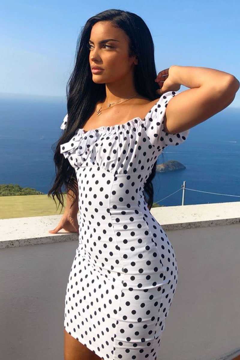 White Black Polka Bardot Milkmaid Dress - Roya-Dresses