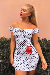 White Black Polka Bardot Milkmaid Dress - Roya-Dresses