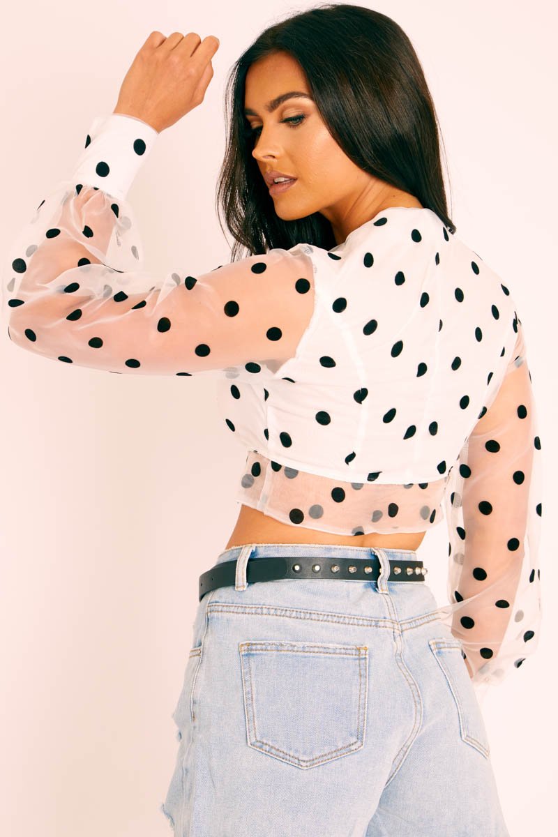 White Black Polka Dot Mesh Front Fastening Crop Top - Kacy-Crop Tops