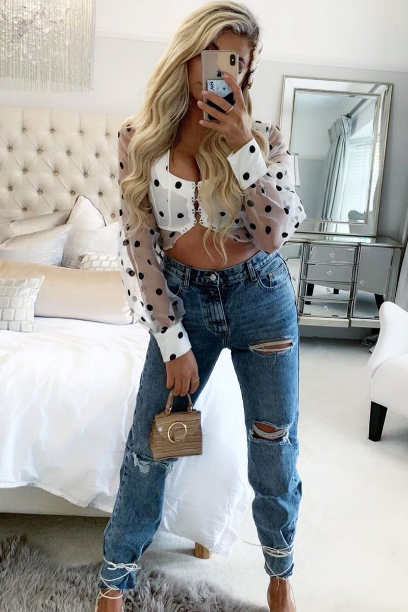 White Black Polka Dot Mesh Front Fastening Crop Top - Kacy-Crop Tops
