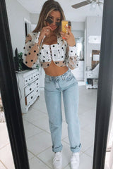 White Black Polka Dot Mesh Front Fastening Crop Top - Kacy-Crop Tops