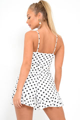 White Black Polka Dot Plunge Frill Playsuit - Ranessa-Playsuits