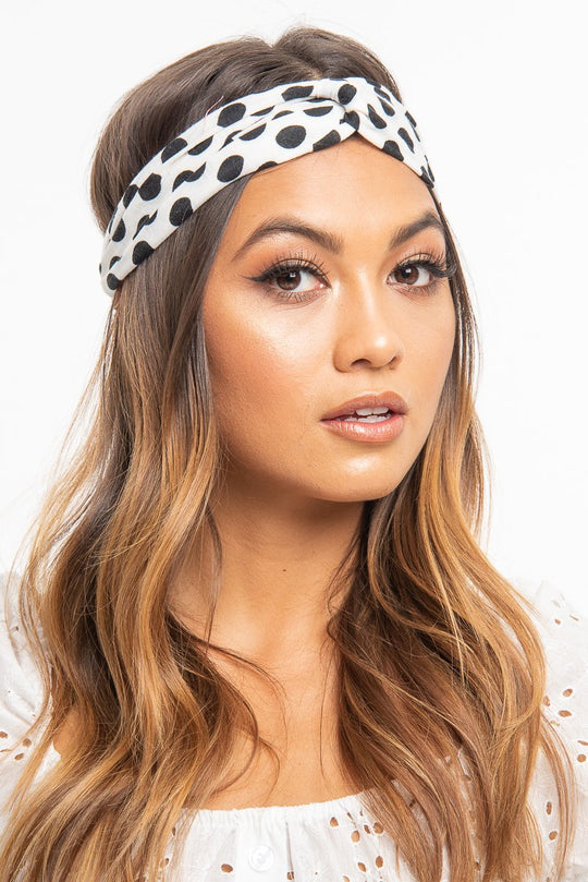 White Black Polka Dot Twist Headband - Kentlee
