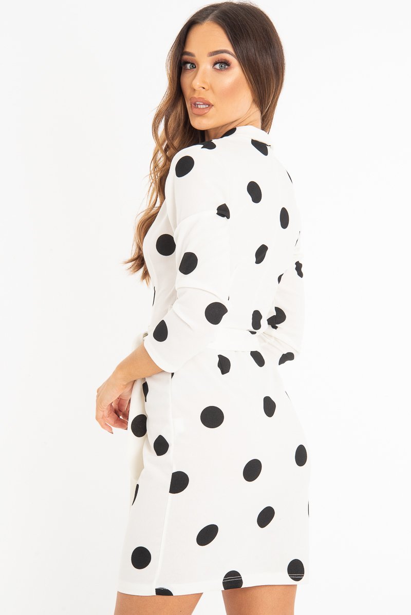 White Black Polka Dot Wrap Front Midi Dress - Daisy-Dresses