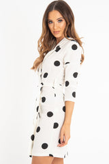 White Black Polka Dot Wrap Front Midi Dress - Daisy-Dresses