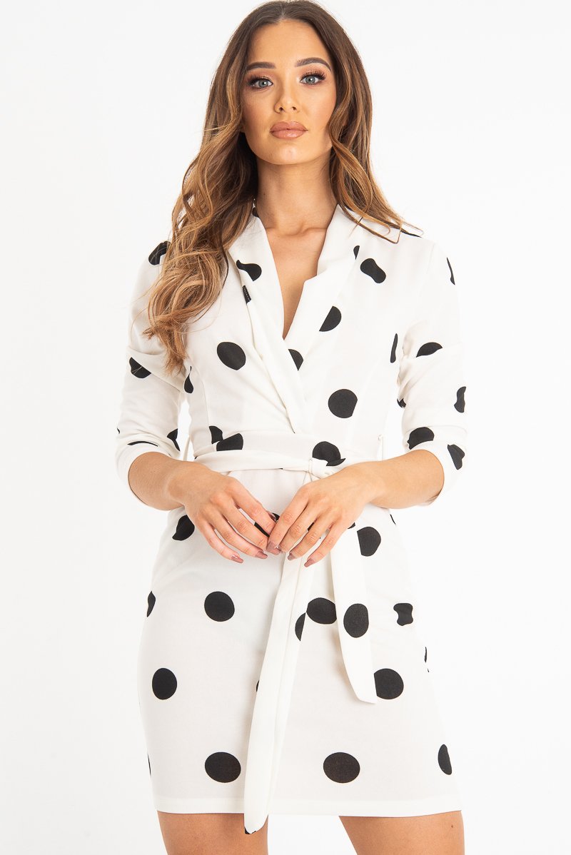 White Black Polka Dot Wrap Front Midi Dress - Daisy-Dresses