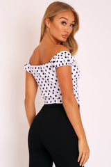 White Black Polka Dot Zip Front Milkmaid Crop Top - Rubie-Crop Tops