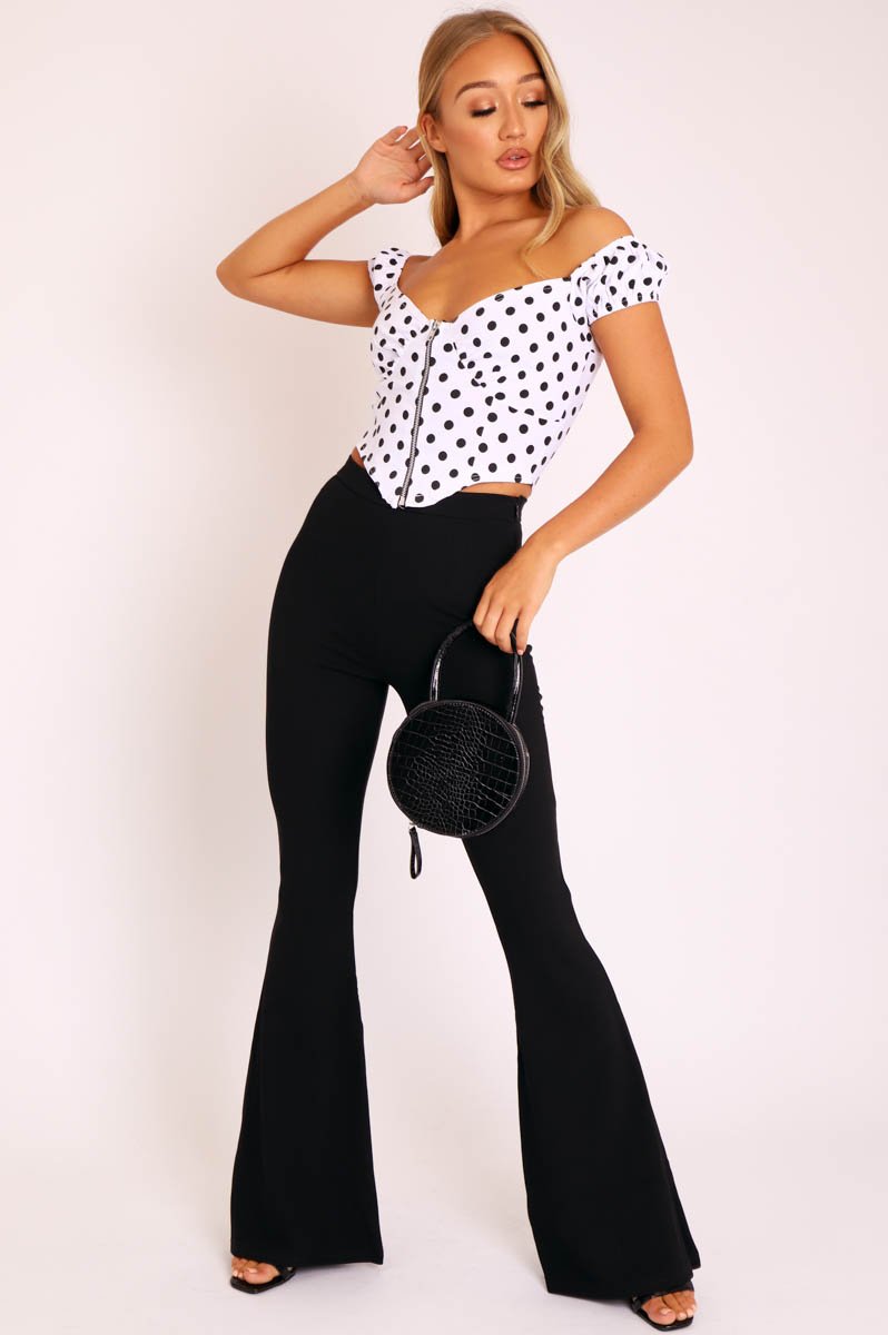 White Black Polka Dot Zip Front Milkmaid Crop Top - Rubie-Crop Tops