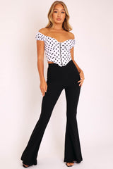 White Black Polka Dot Zip Front Milkmaid Crop Top - Rubie-Crop Tops