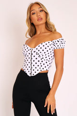 White Black Polka Dot Zip Front Milkmaid Crop Top - Rubie-Crop Tops
