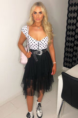 White Black Polka Dot Zip Front Milkmaid Crop Top - Rubie-Crop Tops