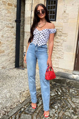 White Black Polka Dot Zip Front Milkmaid Crop Top - Rubie-Crop Tops