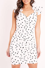 White Black Polka Ruched Centre Plunge Dress - Sameria-Dresses