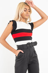 White Black Red Stripe Ruffle Rib Knit Top - Elyne-Tops