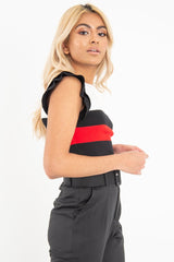 White Black Red Stripe Ruffle Rib Knit Top - Elyne-Tops