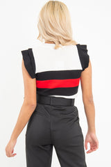White Black Red Stripe Ruffle Rib Knit Top - Elyne-Tops