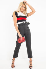 White Black Red Stripe Ruffle Rib Knit Top - Elyne-Tops
