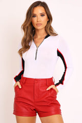 White Black Red Stripe Zip Front Bodysuit - Tyria-Bodysuits
