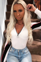 White Black Red Stripe Zip Front Bodysuit - Tyria-Bodysuits