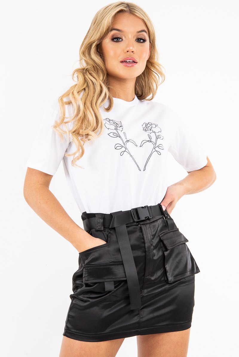 White Black Rose Heart Print T-Shirt - Jacy-T-shirt