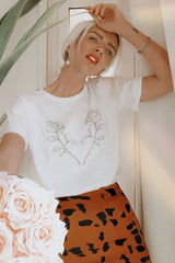 White Black Rose Heart Print T-Shirt - Jacy-T-shirt
