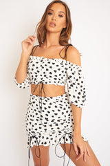 White Black Ruched Frill Heart Print Crop Top and Skirt Co-ord - Skyelar-Co-ords