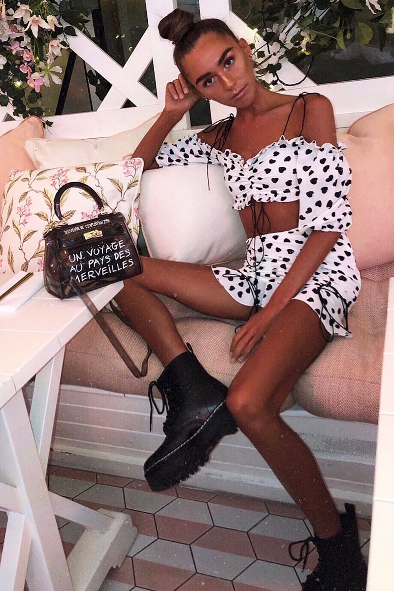 White Black Ruched Frill Heart Print Crop Top and Skirt Co-ord - Skyelar-Co-ords