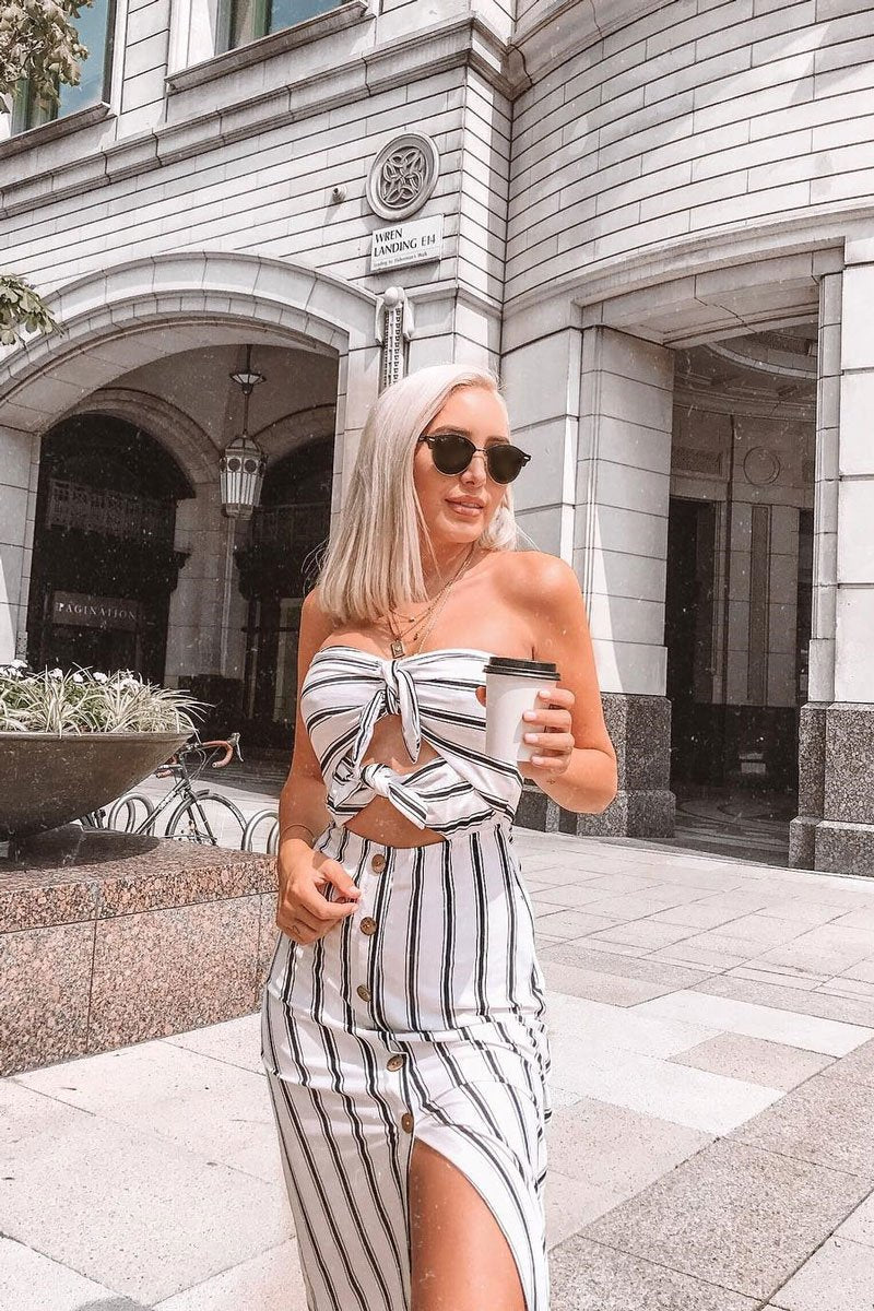 White Black Stripe Bandeau Tie Front Midi Dress - Lodema-Dresses
