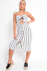 White Black Stripe Bandeau Tie Front Midi Dress - Lodema-Dresses