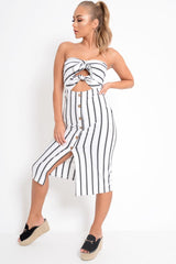 White Black Stripe Bandeau Tie Front Midi Dress - Lodema-Dresses